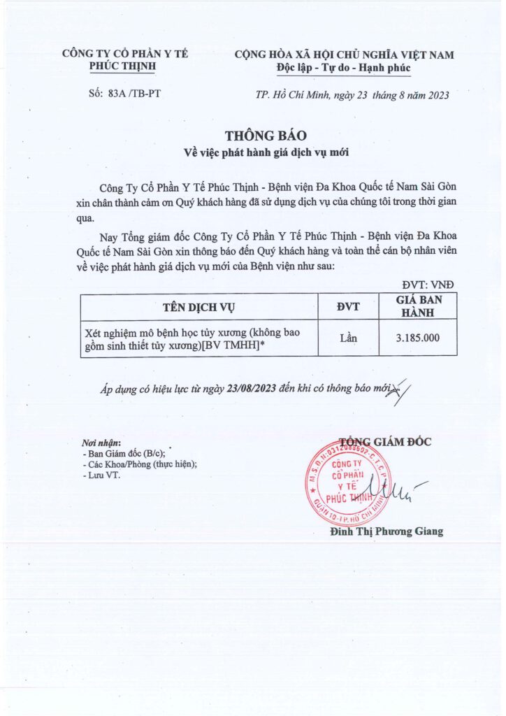 So 83A TB PT. Thay doi gia dich vu xet nghiem mo benh hoc tuy xuong