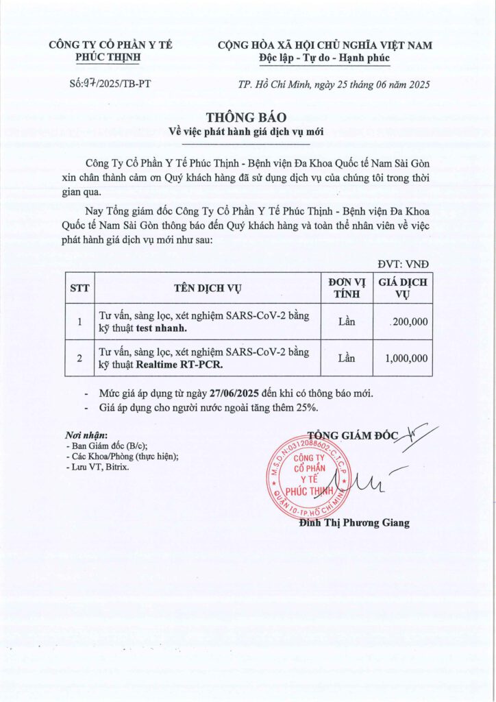 So 97 2025 TB PT. Phat hanh gia dich vu moi Tu van sang loc xet nghiem SARS CoV 2 test nhanh va RT PCR
