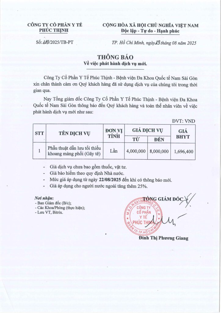 So 119 2025 TB PT. Phat hanh dich vu moi Phau thuat dan luu toi thieu khoang mang phoi Gay te
