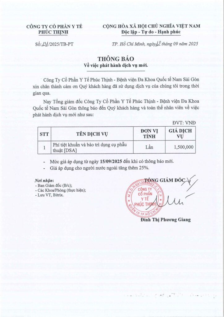 So 131 2025 TB PT. Phat hanh dich vu moi Phi tiet khuan bao tri dung cu phau thuat DSA
