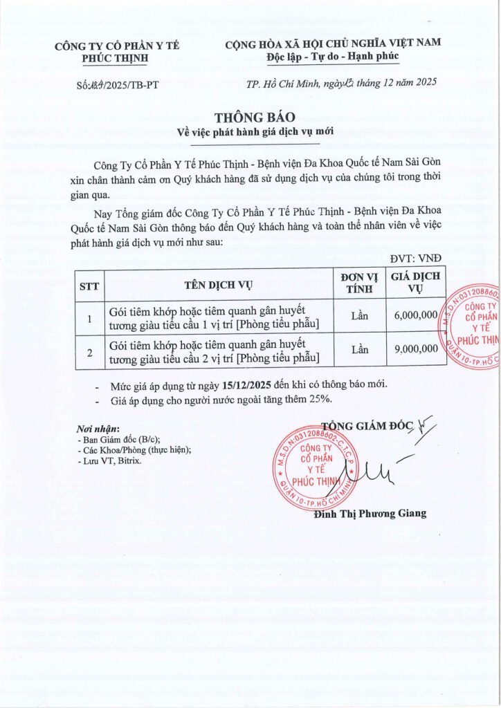 So 184 2025 TB PT. Phat hanh gia dich vu moi Goi tiem khop hoac tiem quanh gan huyet tuong giau tieu cau 1 2 vi tri Phong tieu phau page 0001