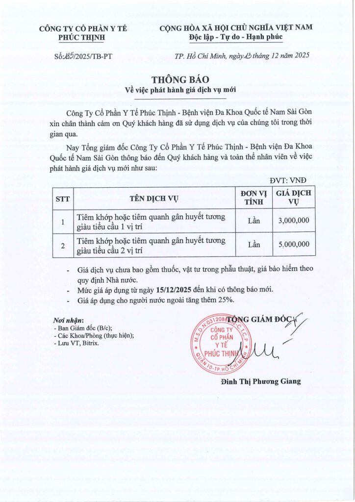 So 185 2025 TB PT. Phat hanh gia dich vu moi Goi tiem khop hoac tiem quanh gan huyet tuong giau tieu cau 1 2 vi tri page 0001