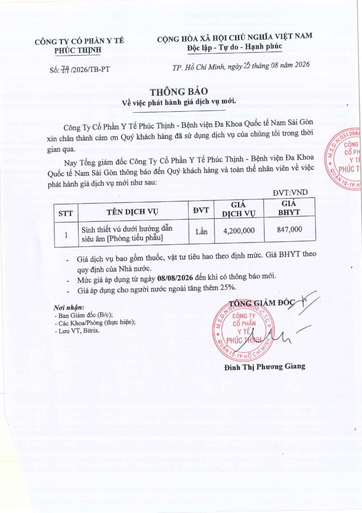 So 742026TB PT Phat hanh gia dich vu moi Sinh thiet vu duoi huong dan sieu am phong tieu phau ap dung tu ngay 0882026 1