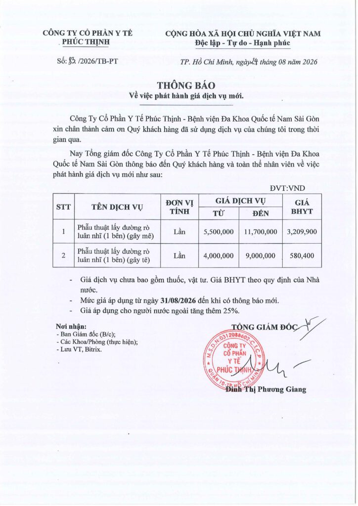 So 832026TB PT Phat hanh gia dich vu moi Phau thuat lay duong ro luan nhi 1 ben gay me va Phau thuat lay duong ro luan nhi 1 ben gay te ap dung 3182026